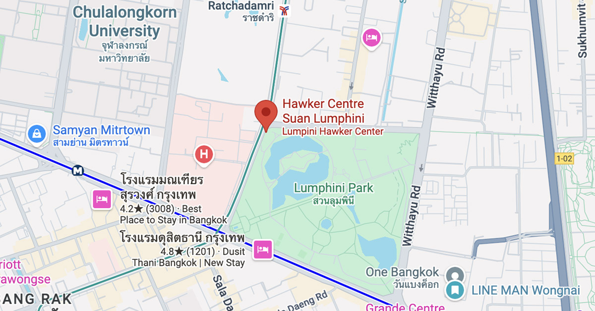 A map of central Bangkok showing the area around Lumphini Park. A red location pin marks Hawker Centre Suan Lumphini (Lumpini Hawker Center).