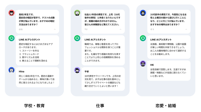 「LINE AI Q＆A」質問イメージ-学校・仕事・恋愛