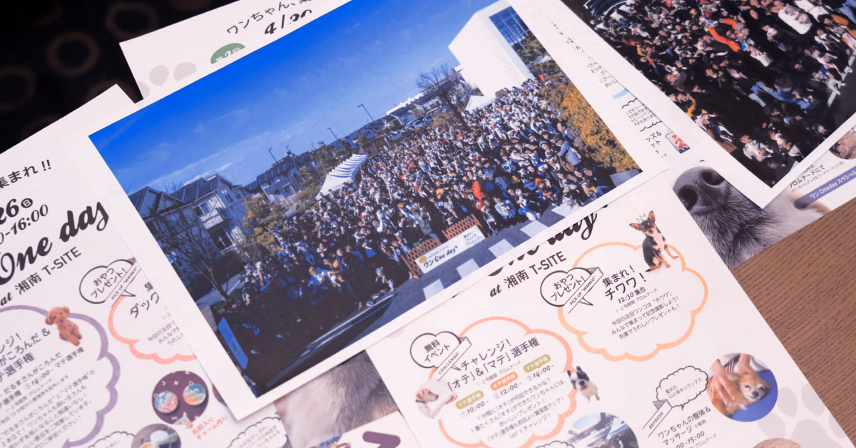 湘南T-SITEで実施されたイベントのフライヤーや記念写真が机の上に並ぶ写真。『ワンOne day』の案内や来場者の写真が写っている。