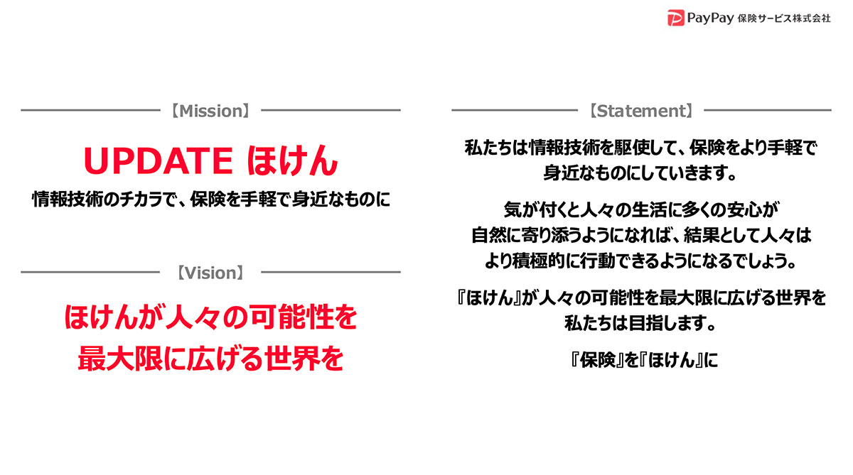 PayPay保険のミッションとビジョンを紹介。情報技術で保険を身近にし、人々の可能性を広げることを目指す