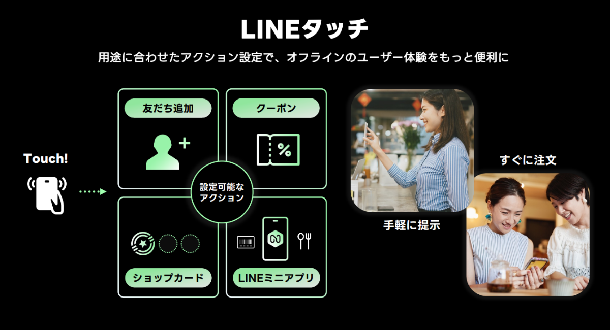 「LINEタッチ」と大きく書かれ、「用途に合わせたアクション設定で、オフラインのユーザー体験をもっと便利に」と記載された紹介バナー