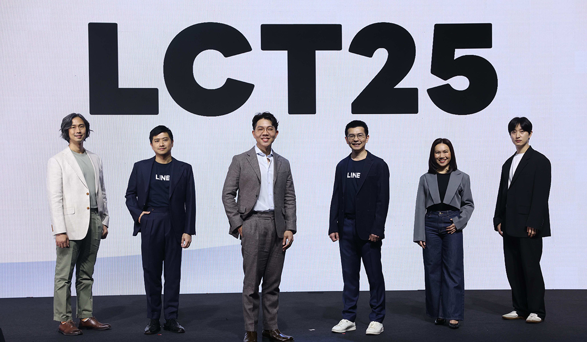 LINE Conference Thailand 2025のイベントでの6人の登壇者の集合写真。背景には「LCT25」と書かれています。