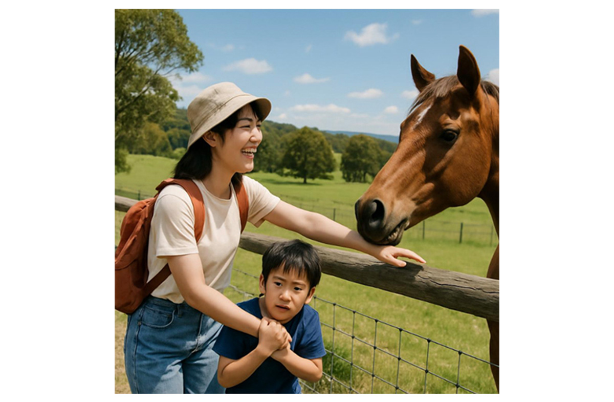帽子をかぶった女性と男の子が、牧場の柵のそばで馬と触れ合っている。女性は白いTシャツにジーンズ姿で、茶色のリュックを背負い、笑顔で馬の首に手を伸ばしている。男の子は青いTシャツを着ており、少し驚いたような表情で女性の手を握っている。背景には広い草原と青い空、木々が広がっており、穏やかな陽気の中での屋外シーンである。