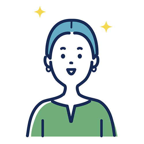 女性のシンプルなイラストです。青い髪と緑の服を着ており、シンプルな線で描かれています。