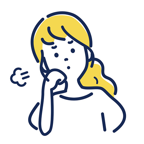 女性のシンプルなイラストです。黄色い髪を後ろでまとめ、カジュアルな服装で描かれています。
