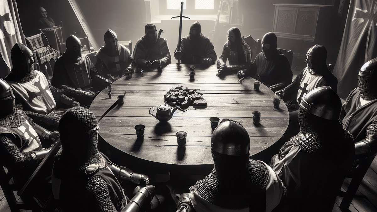 円卓を囲む複数の騎士が鎧をまとい、静かに集まっているモノクロ調のイラスト。中央のテーブルには剣やカップ、パンのような食べ物が置かれている。