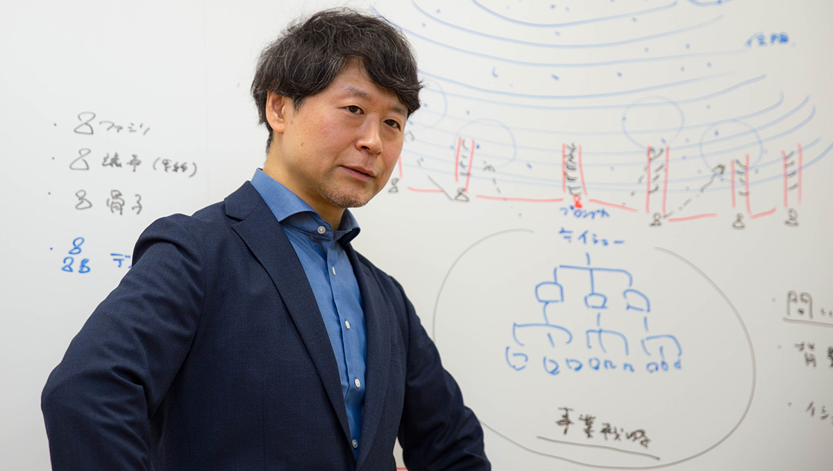 浦崎がホワイトボードの前で腕に手を当て、説明の途中で考え込むような姿勢をとっている。ボードには青と赤のマーカーで図や文字が描かれ、上部には波状の線、中央には組織図のような図形があり、「プロジェクト」「イシュー」「事業戦略」などの文字が見える。