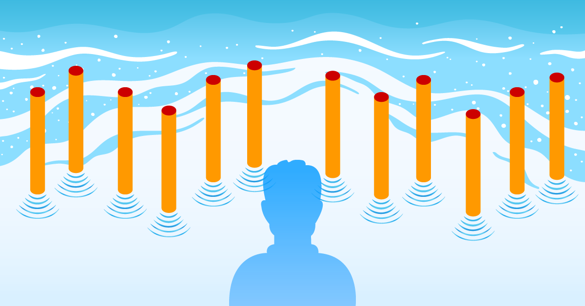 手前に青いシルエットの人物が背中越しに描かれ、人物の前には波の中に等間隔で並ぶ多数の橙色の棒が立っている。柱の足元からは青い同心円状の波紋が広がっている。