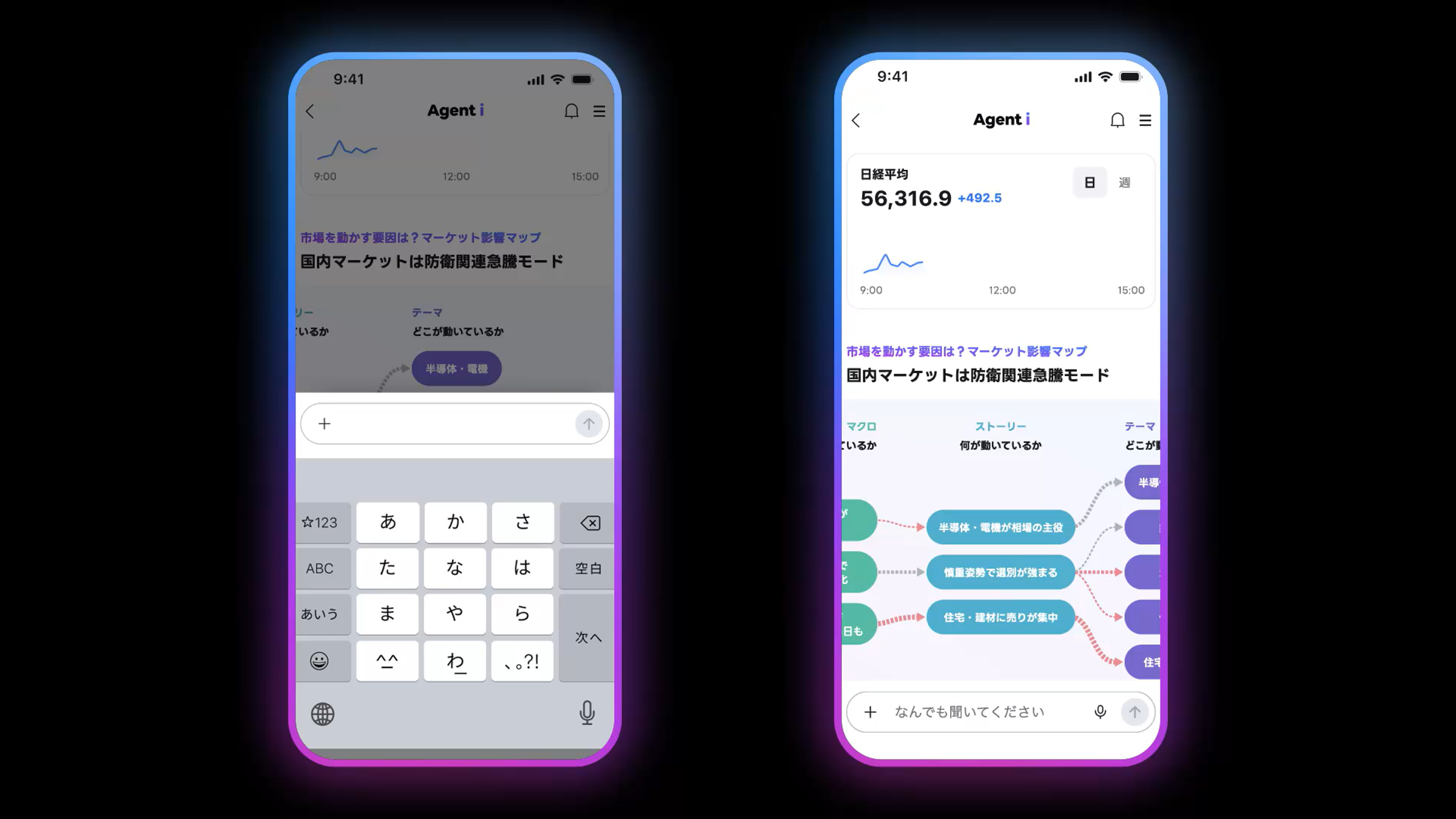 黒い背景の中央に、2台のスマートフォン画面が並んで表示されている。左側の画面は「Agent i」の画面で、下部に日本語入力キーボードが表示され、テキスト入力欄にフォーカスが当たっている状態である。