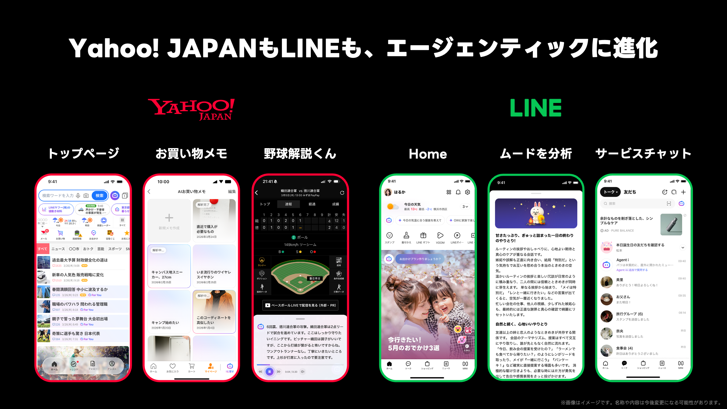 黒い背景の上部に「Yahoo! JAPANもLINEも、エージェンティックに進化」と大きな白文字で書かれている。左側には赤い「Yahoo! JAPAN」のロゴがあり、その下に3つのスマートフォン画面が並ぶ。見出しはそれぞれ「トップページ」「お買い物メモ」「野球解説くん」。右側には緑色の「LINE」ロゴがあり、その下に3つのスマートフォン画面が並ぶ。