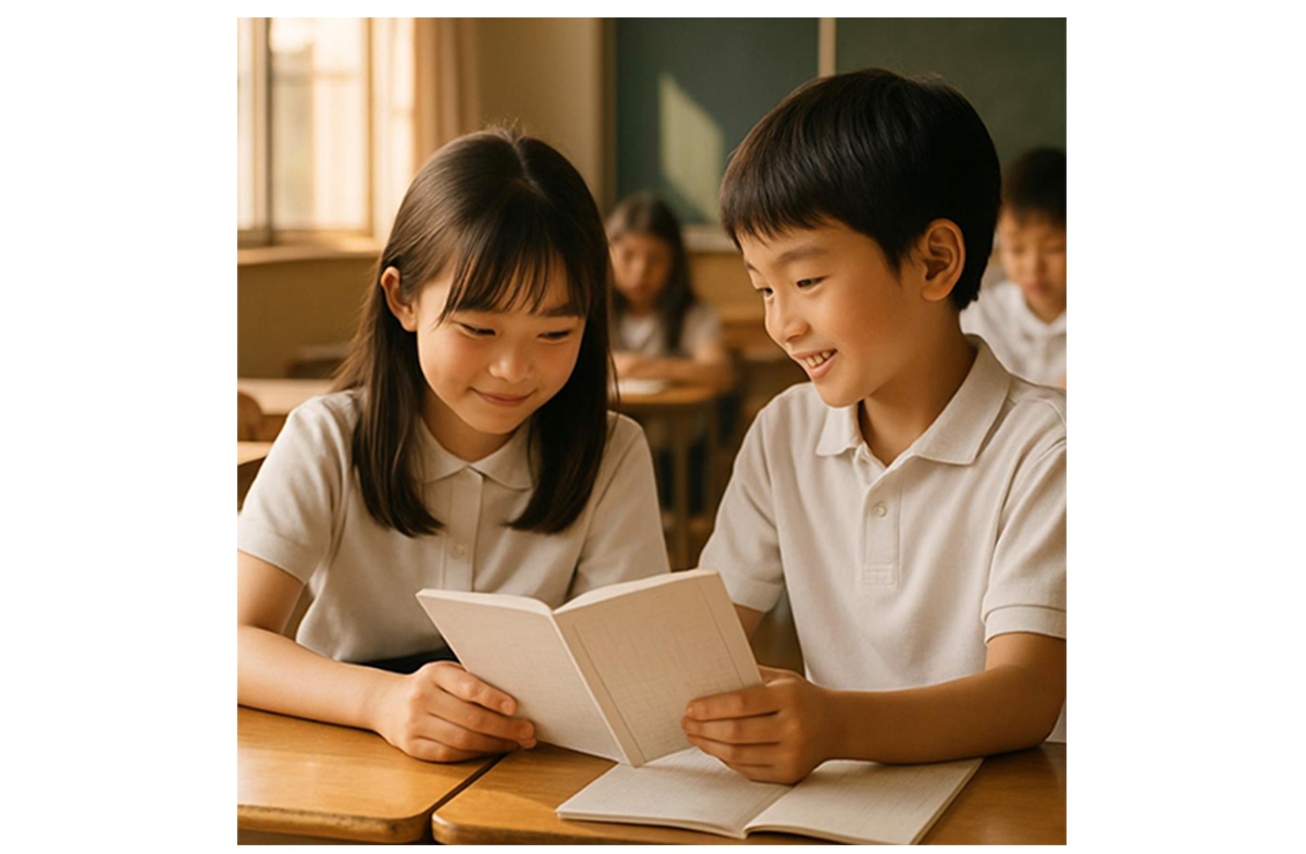 教室の中で、小学生くらいの男の子と女の子が並んで机に座り、ノートを一緒に見て笑っている。2人とも白いポロシャツを着ており、男の子はページを指しながら話している。女の子はうなずきながら優しく微笑んでいる。背景には他の児童が座っており、黒板や窓から差し込む柔らかい光が教室を明るく照らしている。
