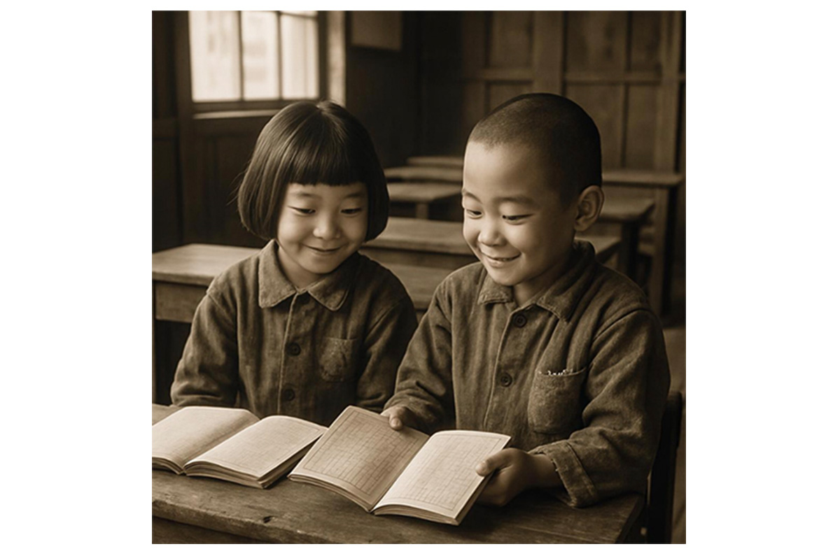 昔の教室のような木造の部屋で、小さな男の子と女の子が並んで机に座り、ノートを一緒に見て笑っている。2人とも襟付きの同じような服を着ており、セピア調で撮影されているため、昭和時代の学校風景のような雰囲気がある。木の机や窓から差し込む光が温かく、素朴で懐かしさを感じる一枚である。