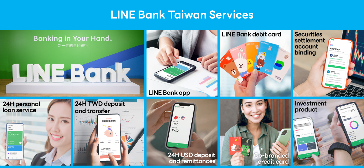 「LINE Bank Taiwan Services」と大きく書かれた青い背景のバナー。左上には「Banking in Your Hand.」とその下に中国語で「新一代的全民銀行」と記載があり、白い台の上に立体的な「LINE Bank」のロゴが配置されている。右側には複数のサービス紹介画像が格子状に並んでいる。「LINE Bank app」と書かれた枠には、スマートフォンを操作する手元の写真がある。