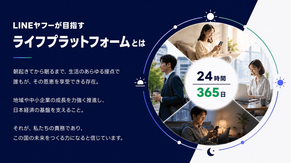 LINEヤフーが目指すライフプラットフォームの概念図。朝から夜まで、情報収集や買い物、仕事、コミュニケーションなど生活の接点を24時間365日支え、地域や中小企業の成長につなげる構想を示している。