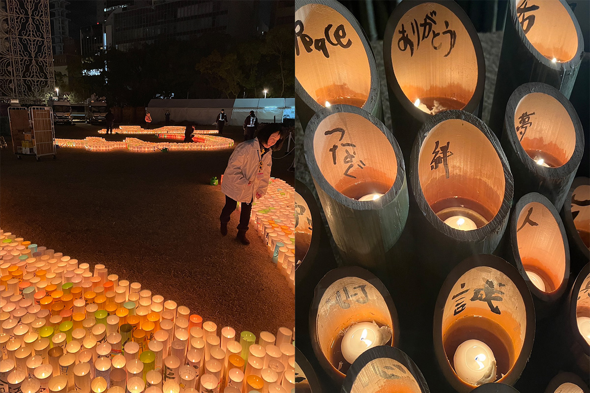 左は夜のイベントで色とりどりのカップに灯がともされています。右は竹の中に「絆」や「夢」などの文字が書かれたろうそくが灯されています。