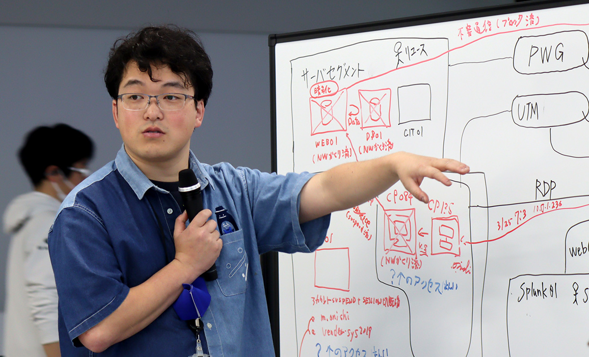 会議室で男性がホワイトボードを指しながら説明している様子の写真。男性は眼鏡をかけ、青いシャツを着てマイクを手に持ち、右手でホワイトボードの図を指し示している。