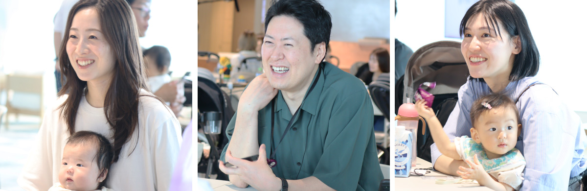 女性が赤ちゃんを抱っこしながら笑顔で話を聞いている様子、緑色のシャツを着た男性が椅子に座り、笑顔で会話している様子