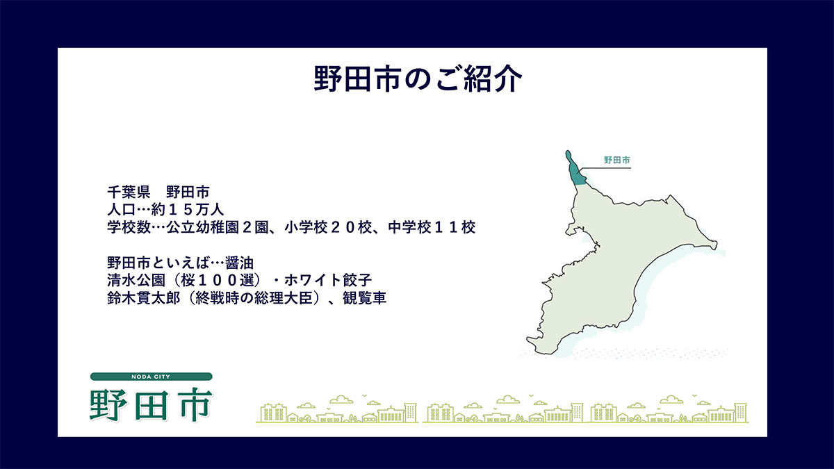 「野田市のご紹介」と題されたスライド資料。千葉県野田市の人口は約15万人、学校数は公立幼稚園2園、小学校20校、中学校11校と記載。名物として醤油や清水公園、ホワイト餃子、鈴木貫太郎などが紹介され、右には千葉県地図上で野田市の位置が示されている