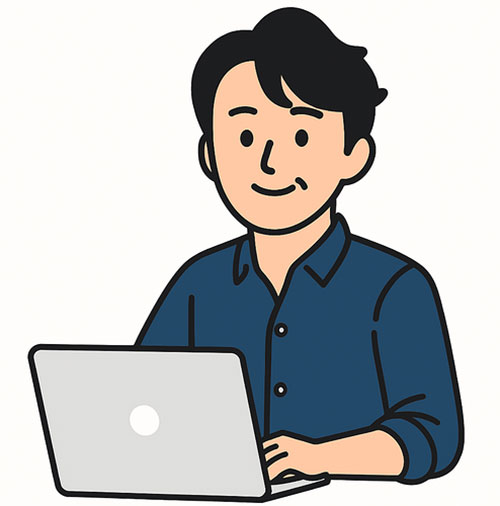 ノートパソコンを操作する男性を描いたシンプルなイラスト。親しみやすいタッチである。