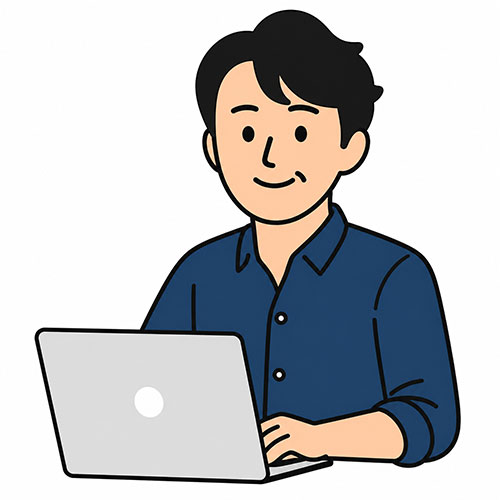 ノートパソコンを操作する男性を描いたシンプルなイラスト。親しみやすいタッチである。