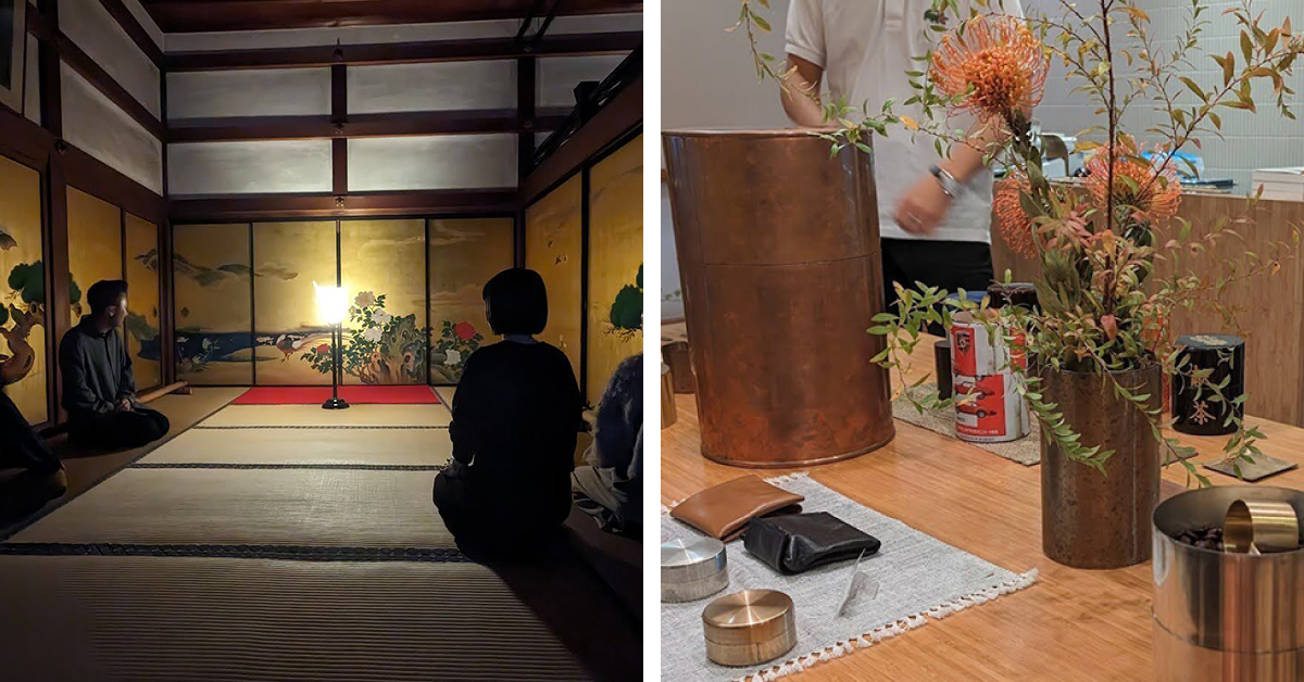 左側の写真は和室で、中央にランプが置かれ、数人が囲んでいます。右側の写真はテーブルに花や茶道具が並べられ、落ち着いた雰囲気を感じさせます。