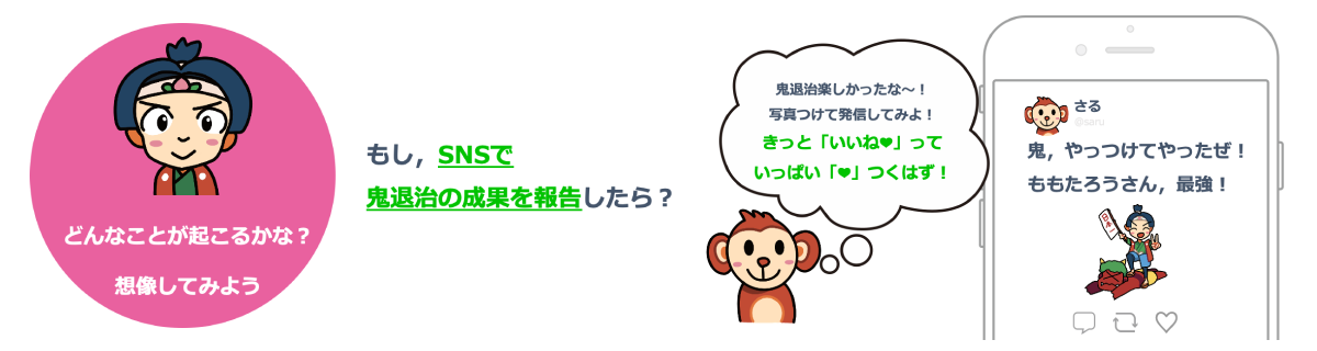 桃太郎が鬼退治の成果をSNSで報告するシーンを想像する内容です。猿が「いいね」を期待しています。
