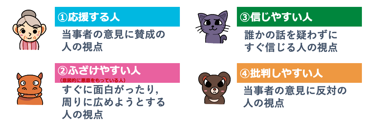 人々の視点を4タイプに分類しています。「応援する人」「ふざけやすい人」「信じやすい人」「批判しやすい人」です。