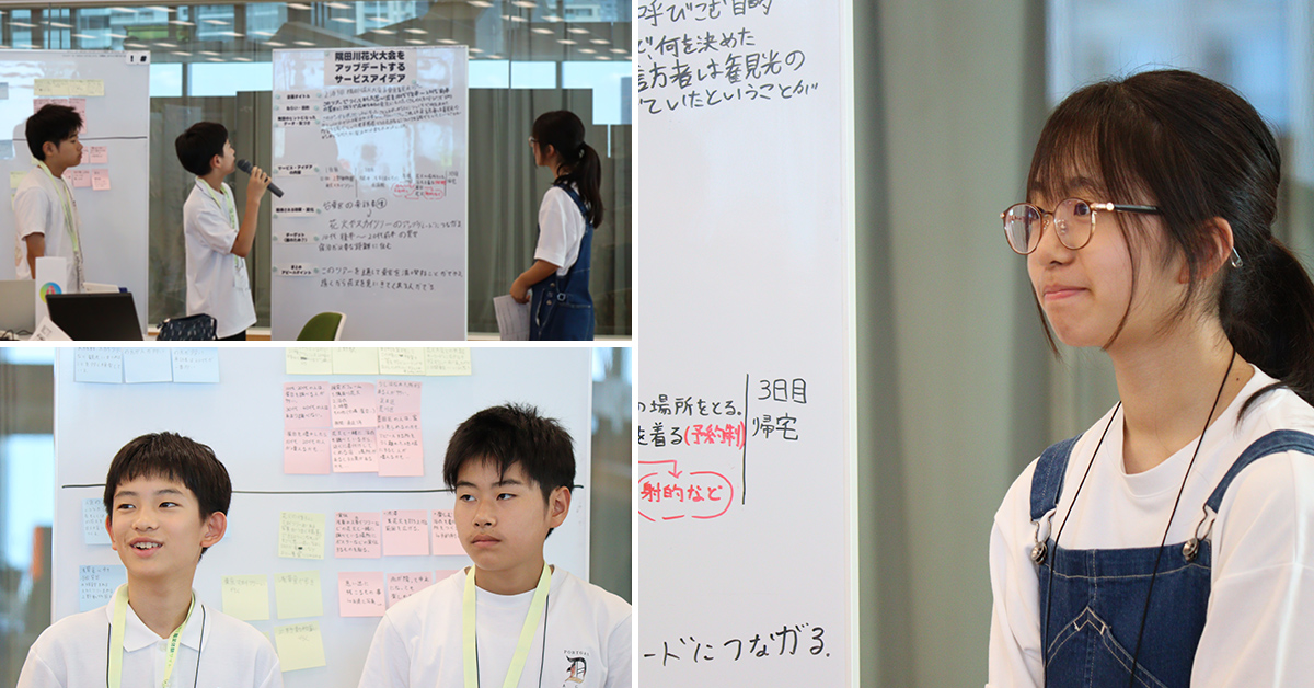 学生たちがプレゼンテーションを行い、アイデアをホワイトボードで発表しています。真剣に取り組んでいる様子です。