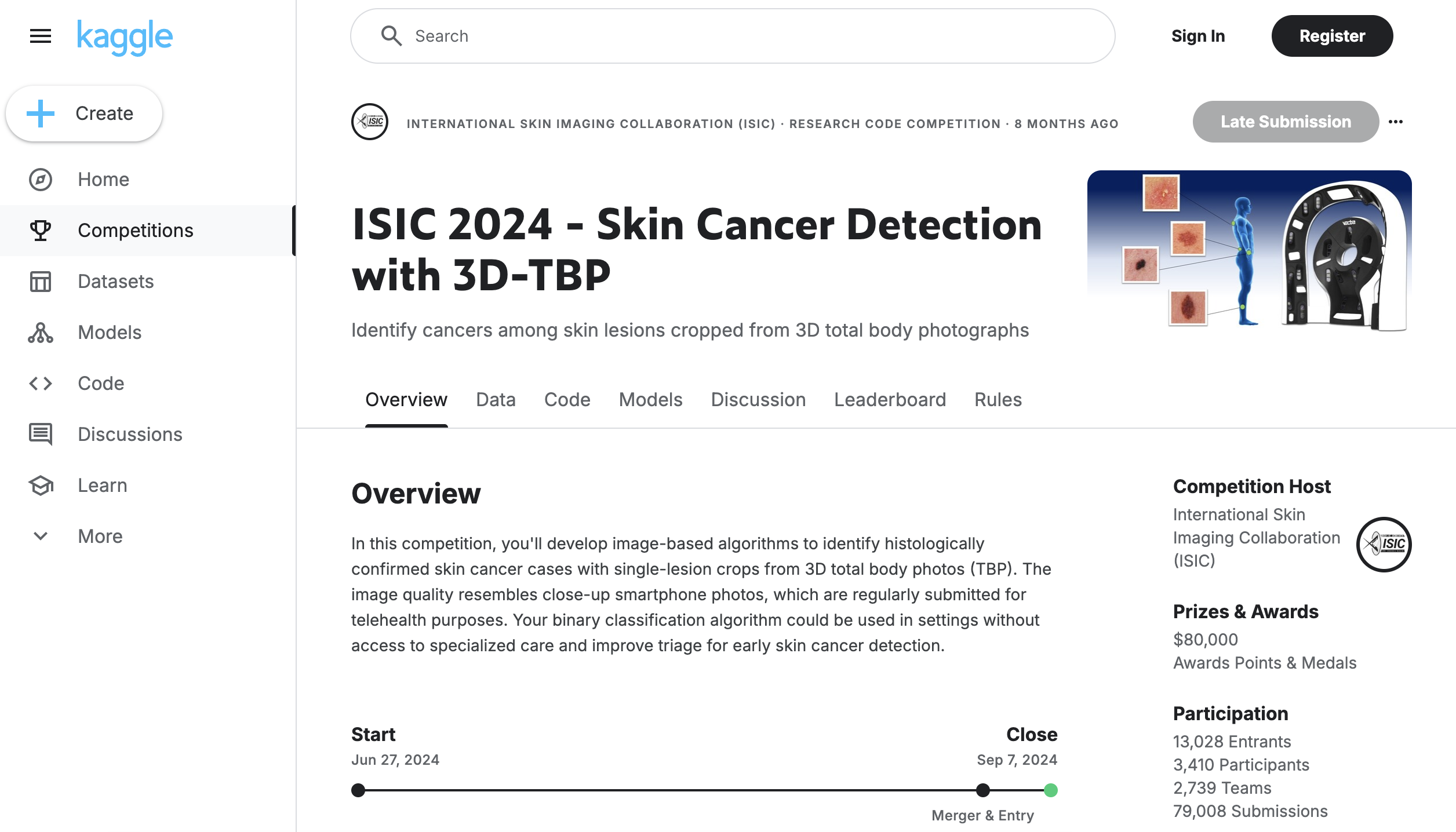 西田が1つ目のメダルを獲得したコンペ「ISIC 2024 - Skin Cancer Detection with 3D-TBP」のキャプチャー（出典：Kaggle）