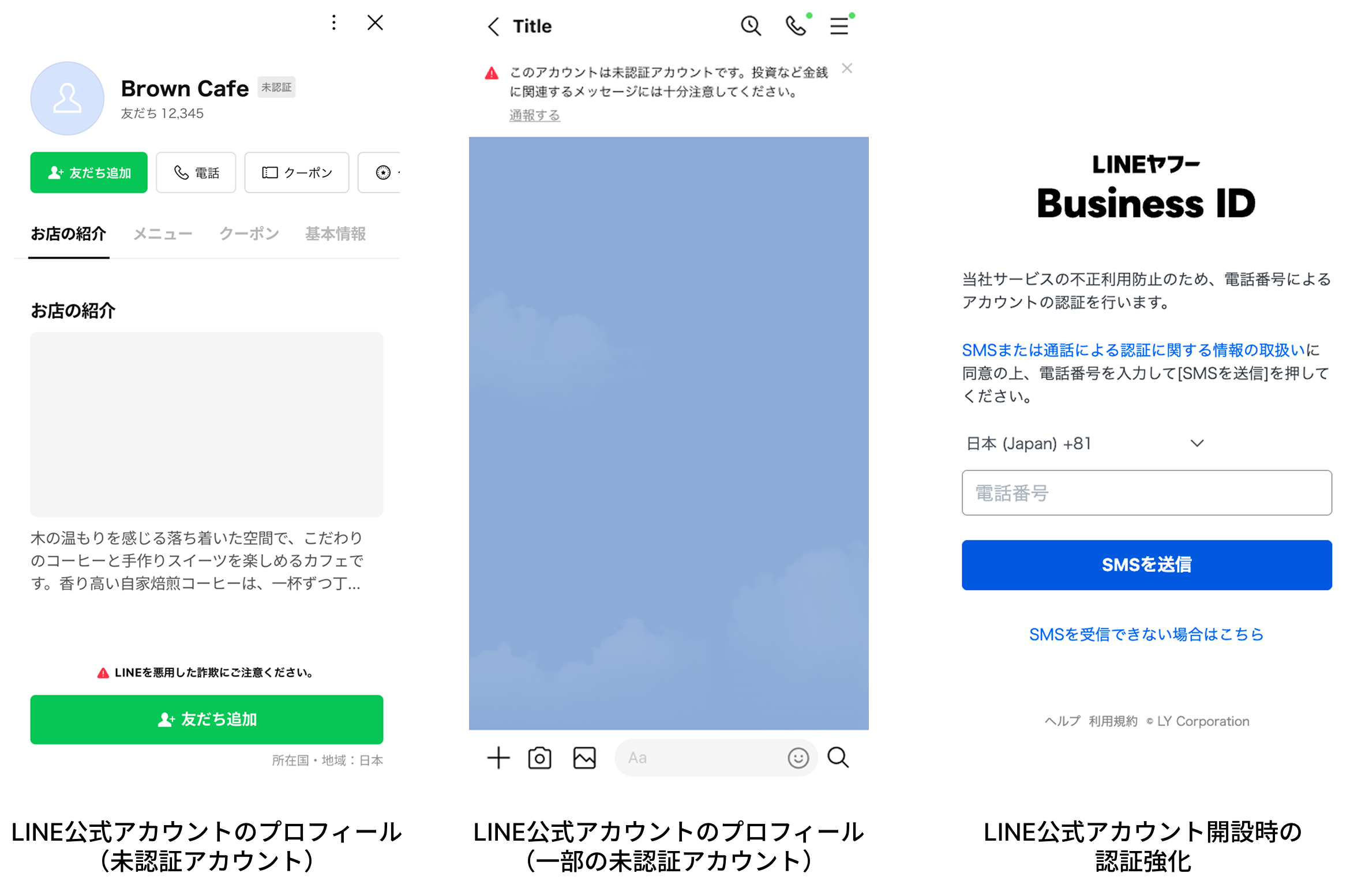 LINE公式アカウントの詐欺対策UI例。未認証アカウントへの注意表示、金銭関連メッセージへの警告、電話番号認証を促すBusiness ID画面が並んでいる。